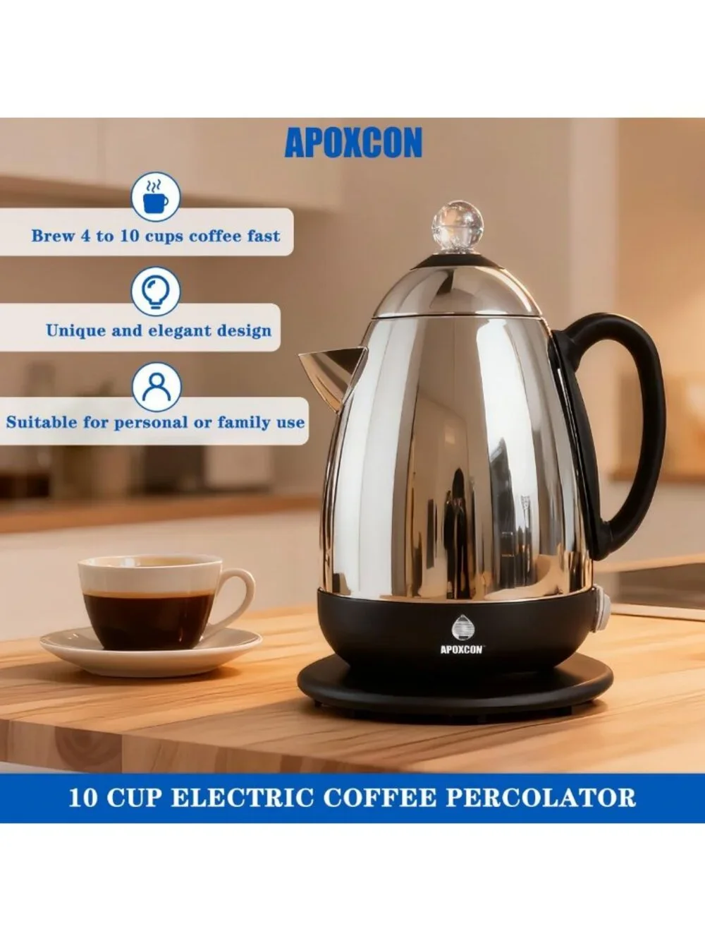 10-Cup Stainless Steel Electric Coffee Percolator with Cleaning Brush - Brew